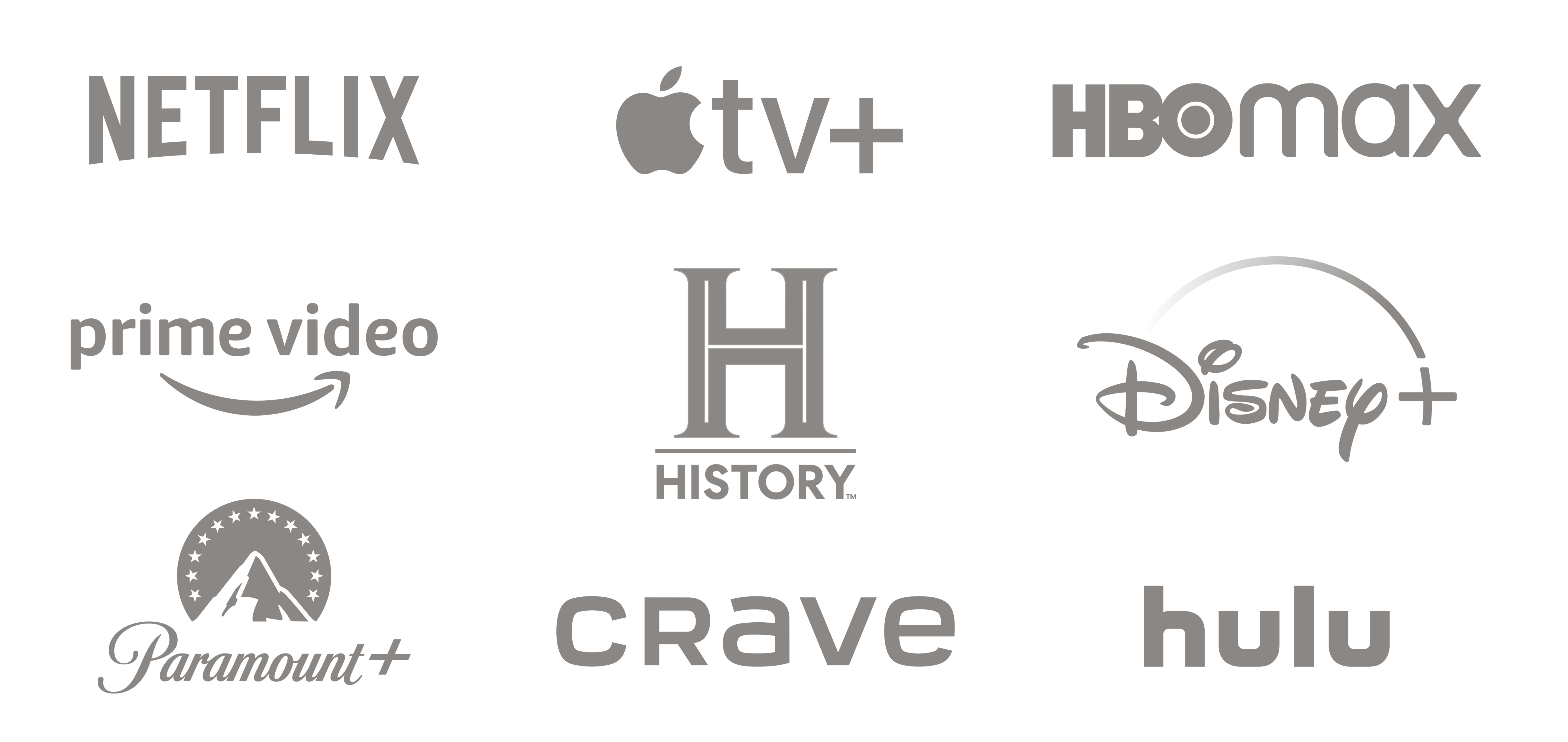 Netflix, Apple TV+, HBO Max, Prime Video, History Channel, Disney+, Paramount+, Crave, Hulu
